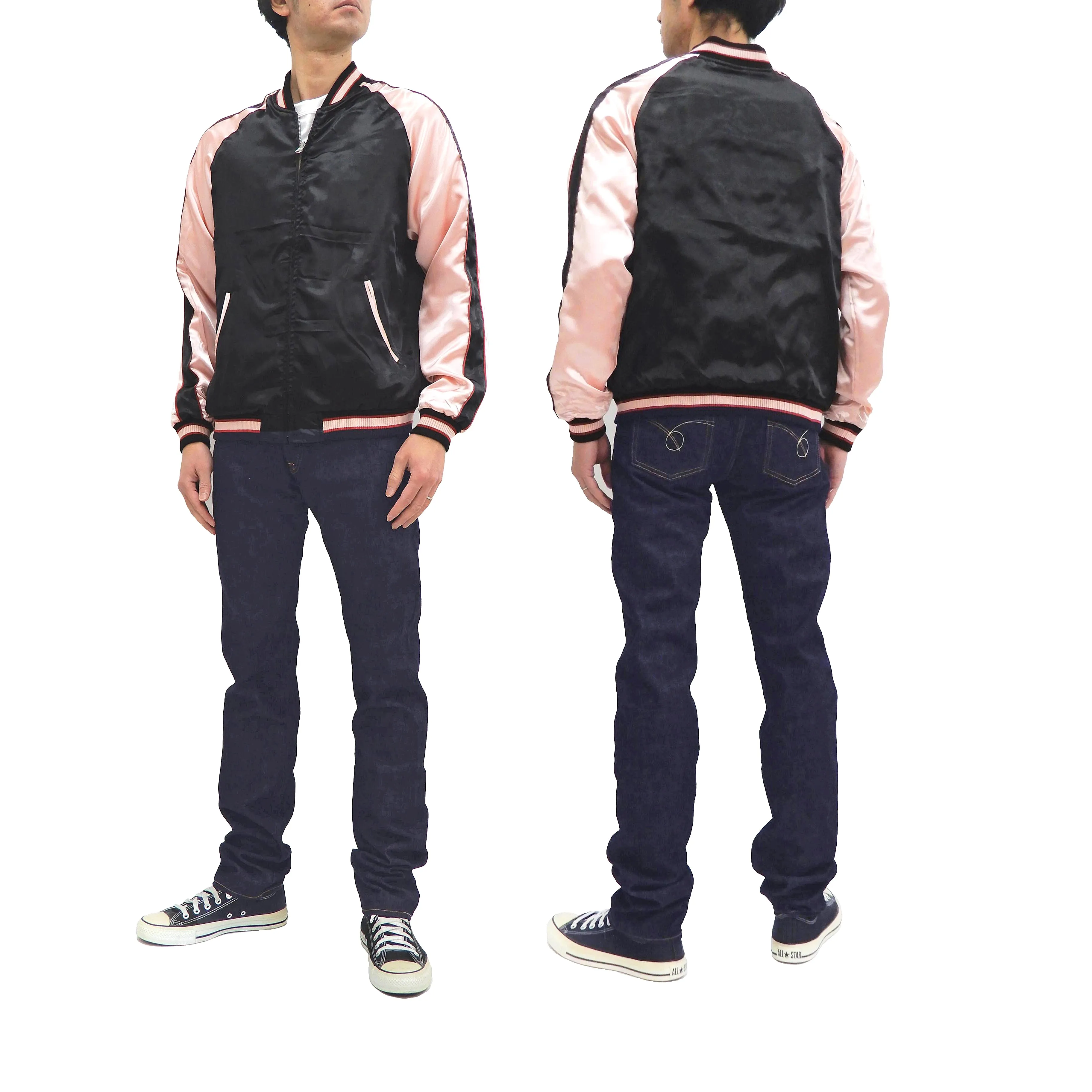 Japanesque Sukajan Men's Japanese Souvenir Jacket Japanese Bush Warbler 3RSJ-751 Black/Pink