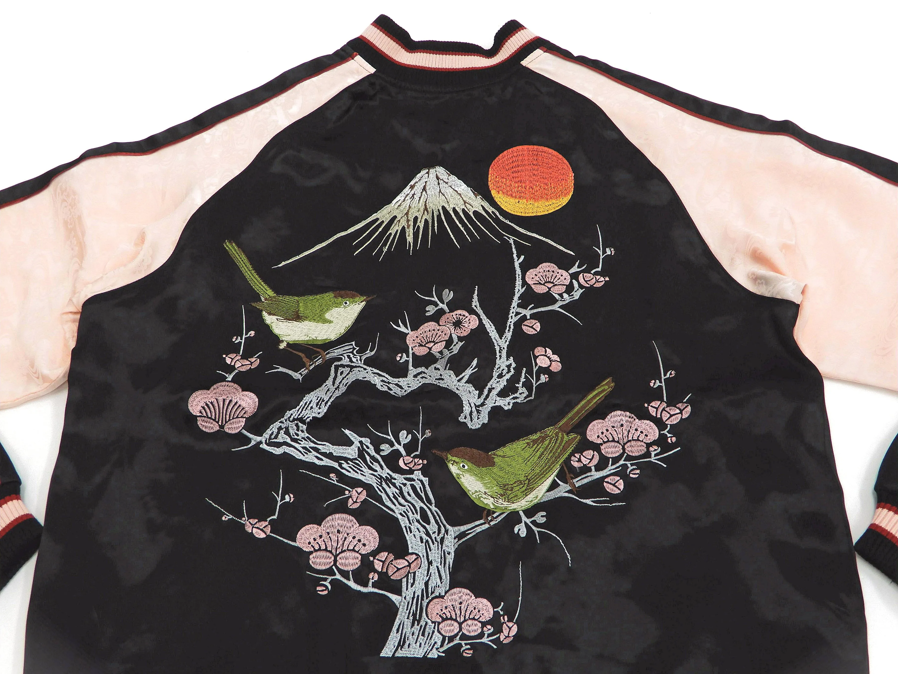 Japanesque Sukajan Men's Japanese Souvenir Jacket Japanese Bush Warbler 3RSJ-751 Black/Pink