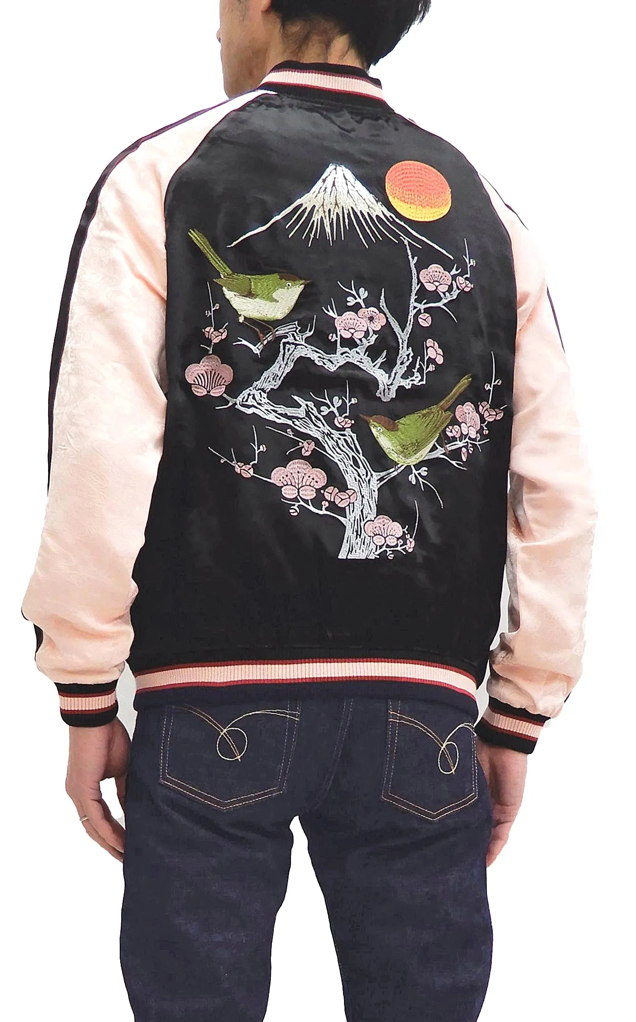 Japanesque Sukajan Men's Japanese Souvenir Jacket Japanese Bush Warbler 3RSJ-751 Black/Pink