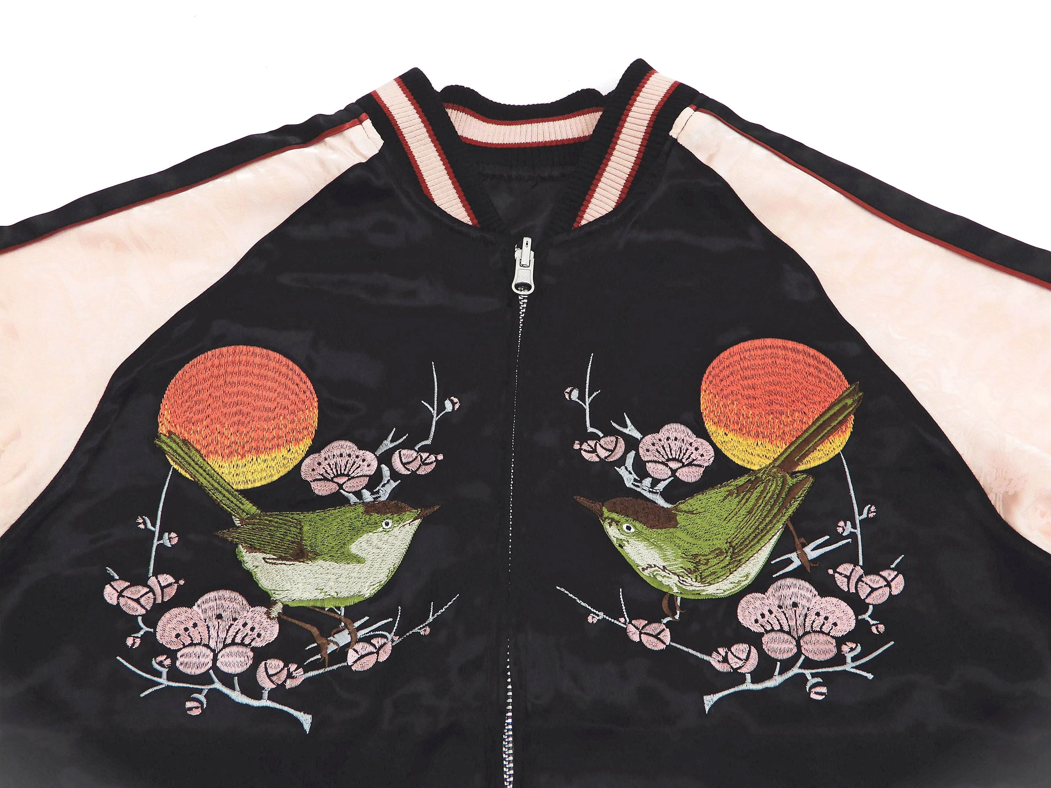 Japanesque Sukajan Men's Japanese Souvenir Jacket Japanese Bush Warbler 3RSJ-751 Black/Pink