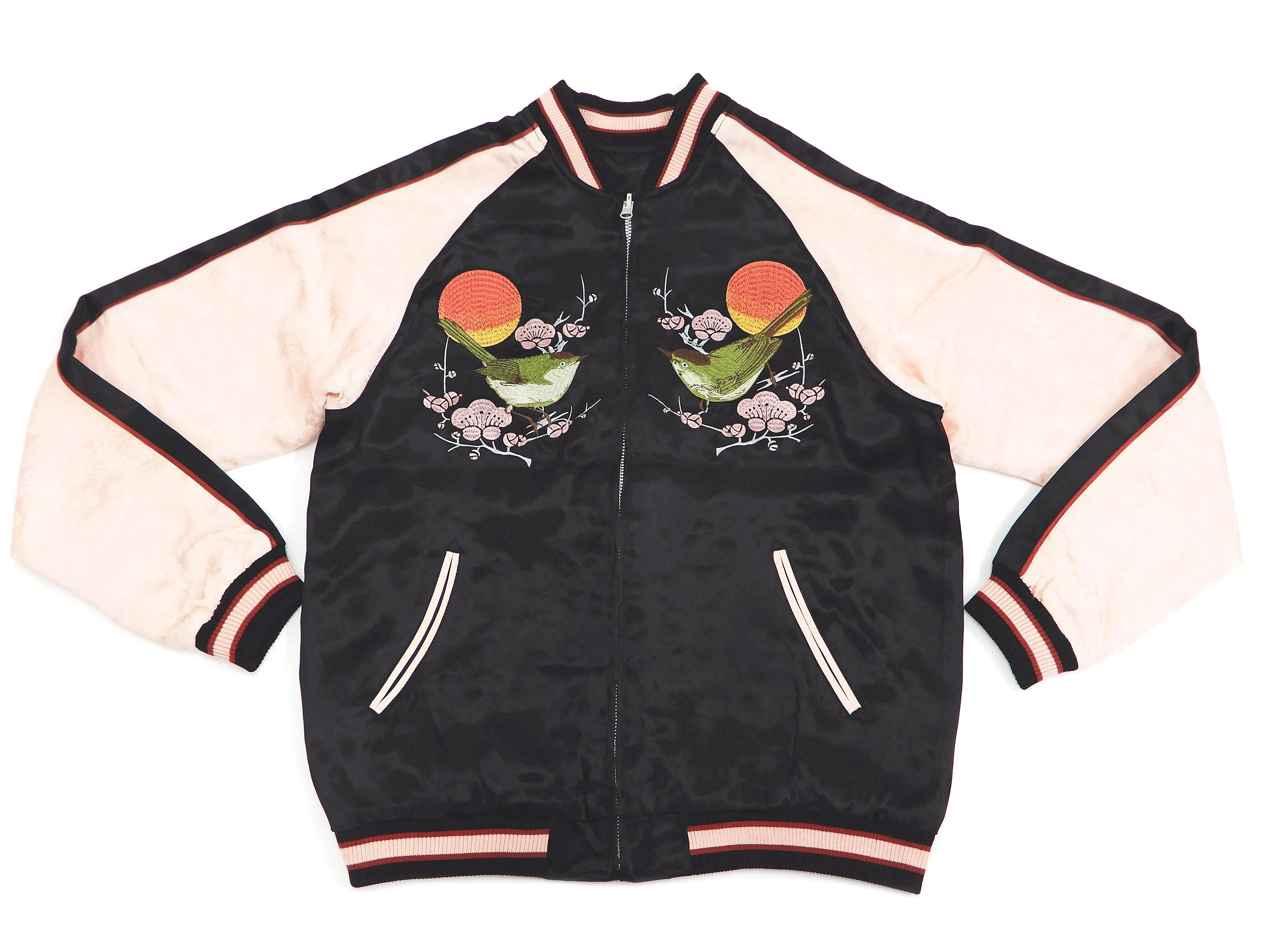 Japanesque Sukajan Men's Japanese Souvenir Jacket Japanese Bush Warbler 3RSJ-751 Black/Pink