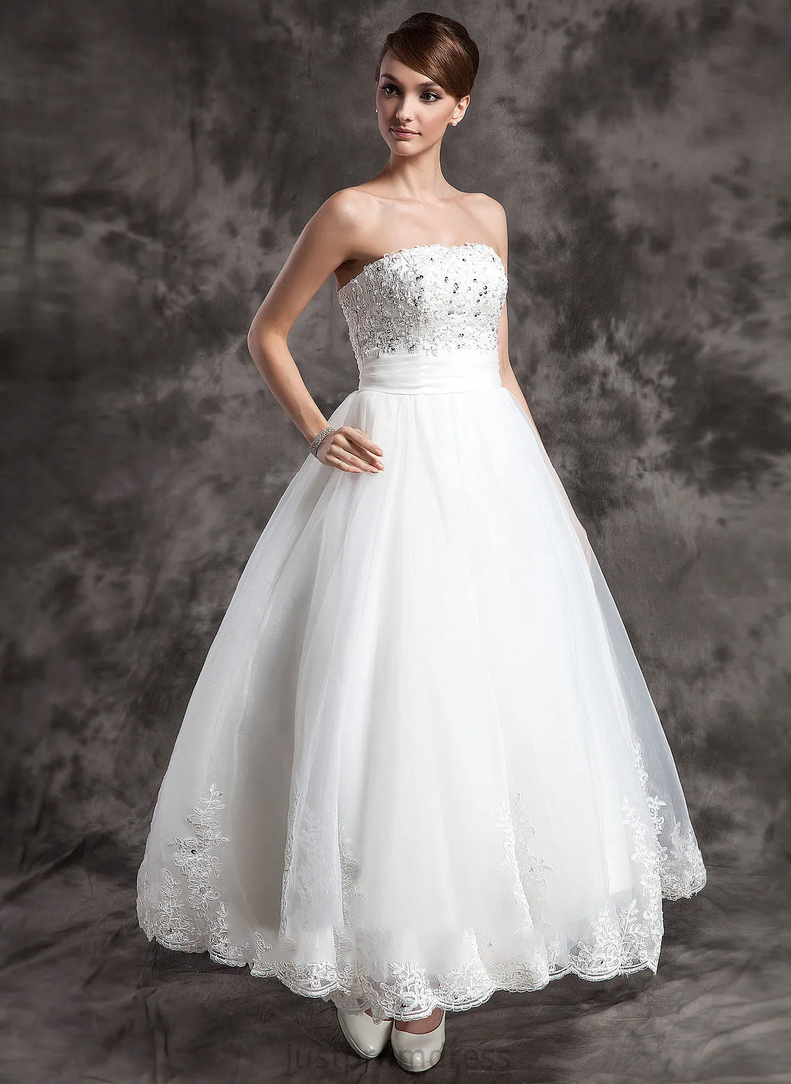 Lace Micaela Strapless Satin Dress Beading Wedding Ankle-Length Wedding Dresses With Organza Ball-Gown/Princess