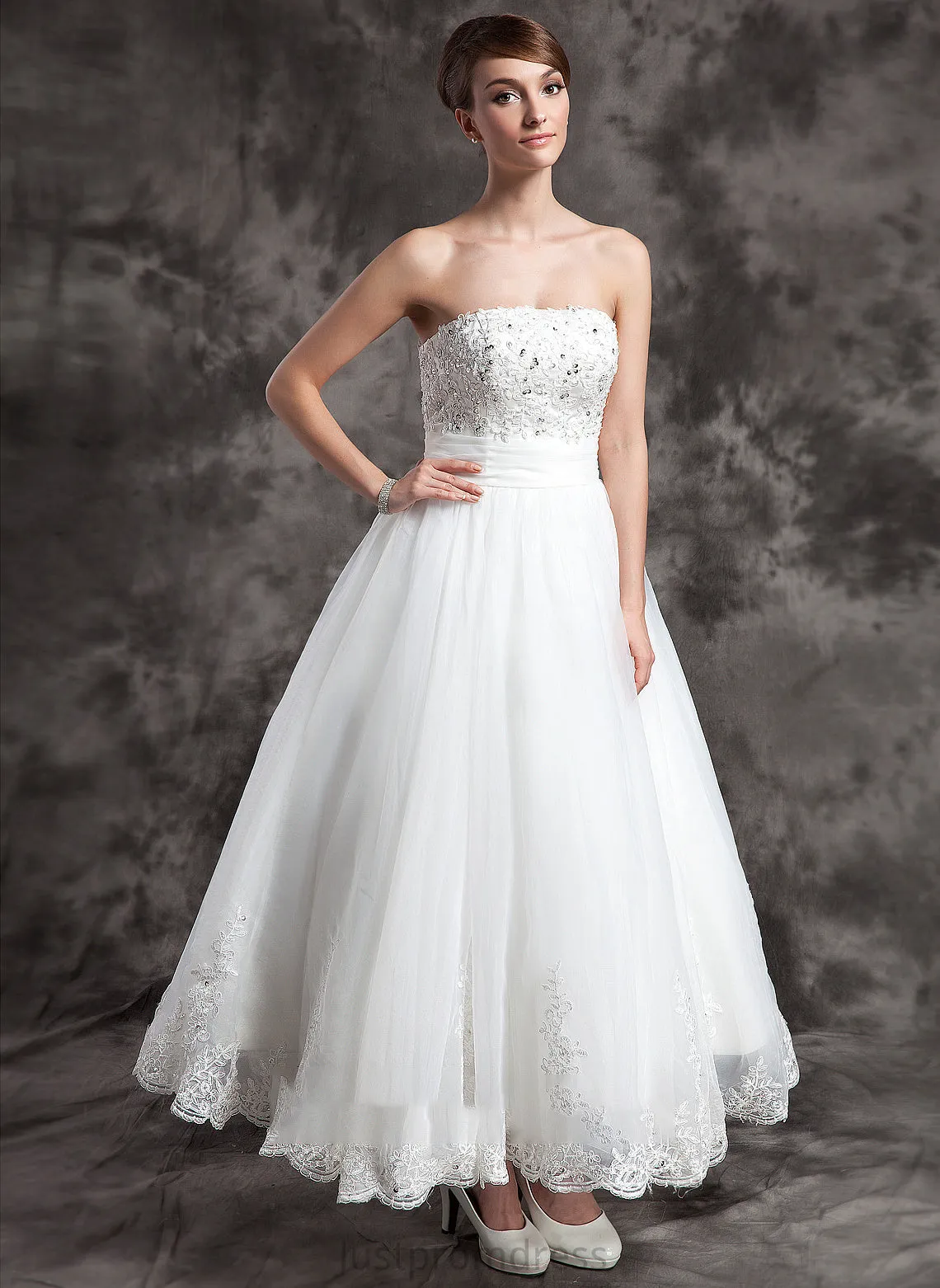 Lace Micaela Strapless Satin Dress Beading Wedding Ankle-Length Wedding Dresses With Organza Ball-Gown/Princess