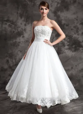 Lace Micaela Strapless Satin Dress Beading Wedding Ankle-Length Wedding Dresses With Organza Ball-Gown/Princess