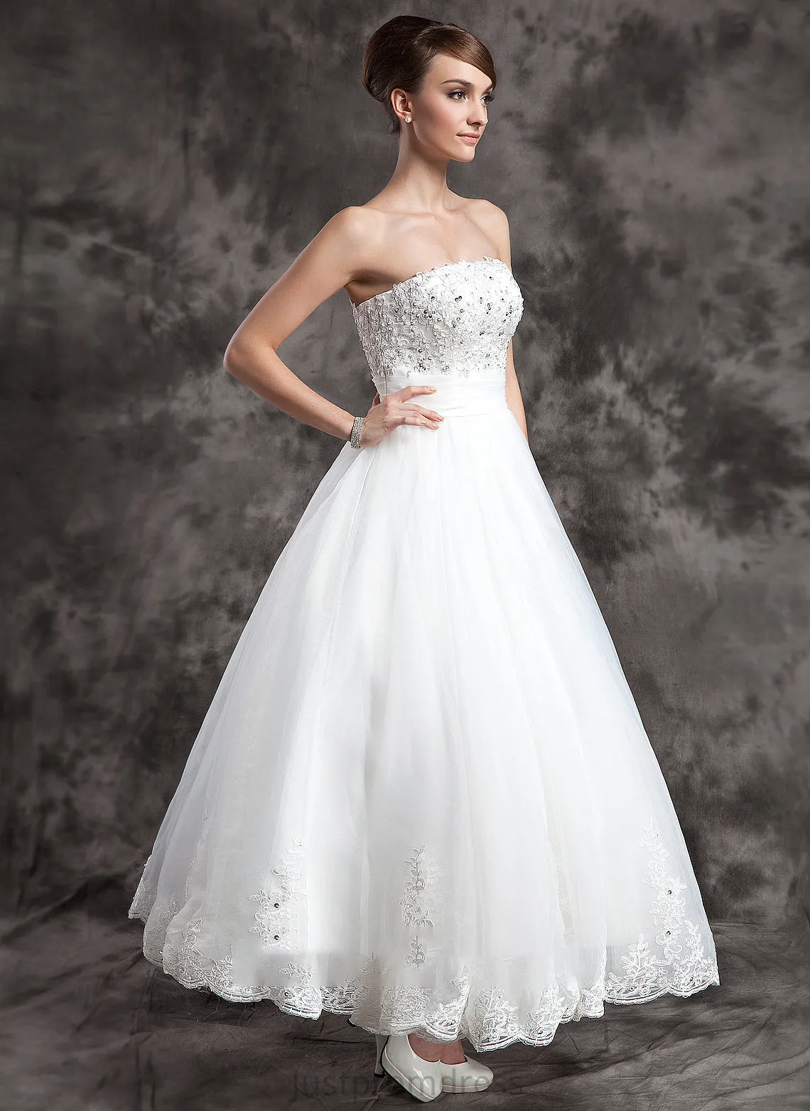 Lace Micaela Strapless Satin Dress Beading Wedding Ankle-Length Wedding Dresses With Organza Ball-Gown/Princess