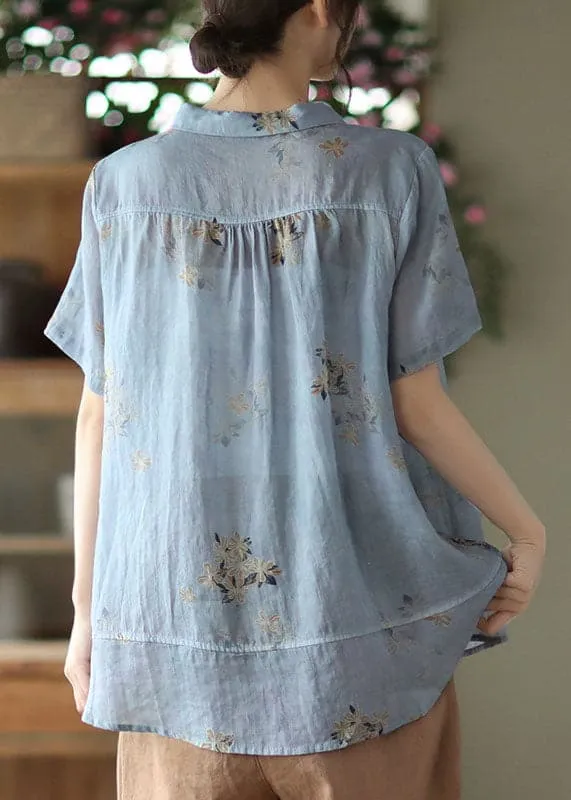 Light Blue Print Linen Blouses Patchwork Pocket Short Sleeve