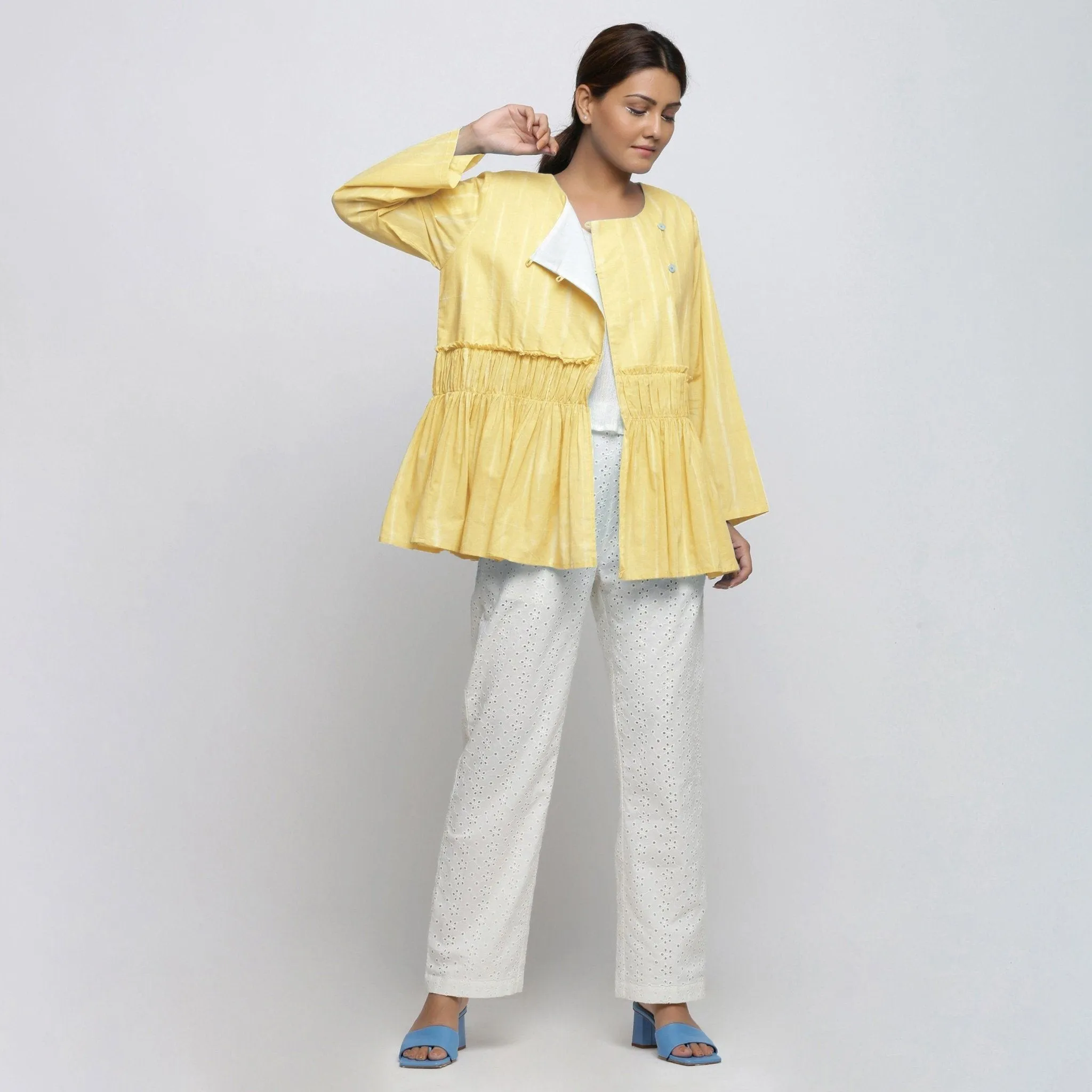 Light Yellow Hand Tie-Dye Cotton Asymmetrical Outerwear