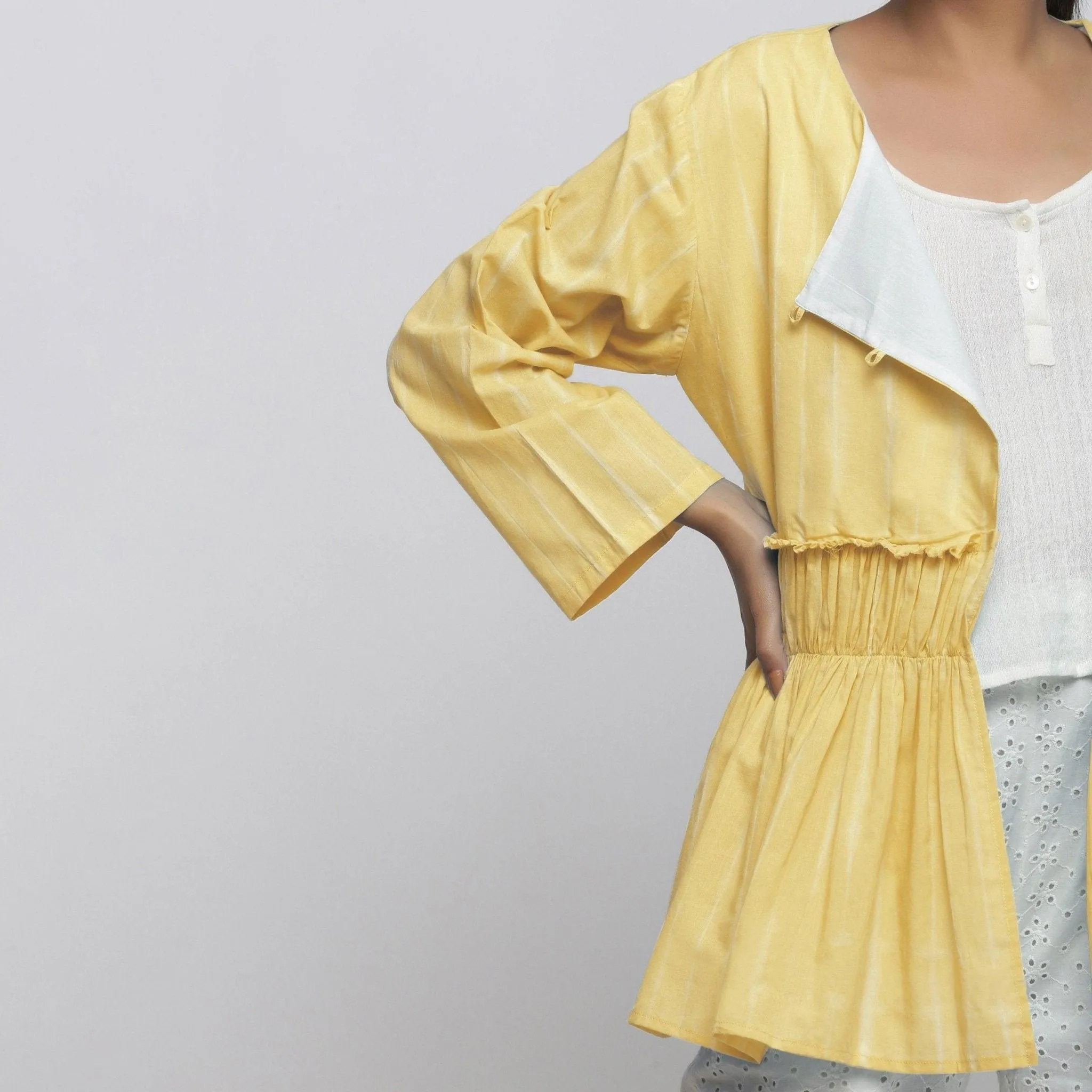 Light Yellow Hand Tie-Dye Cotton Asymmetrical Outerwear