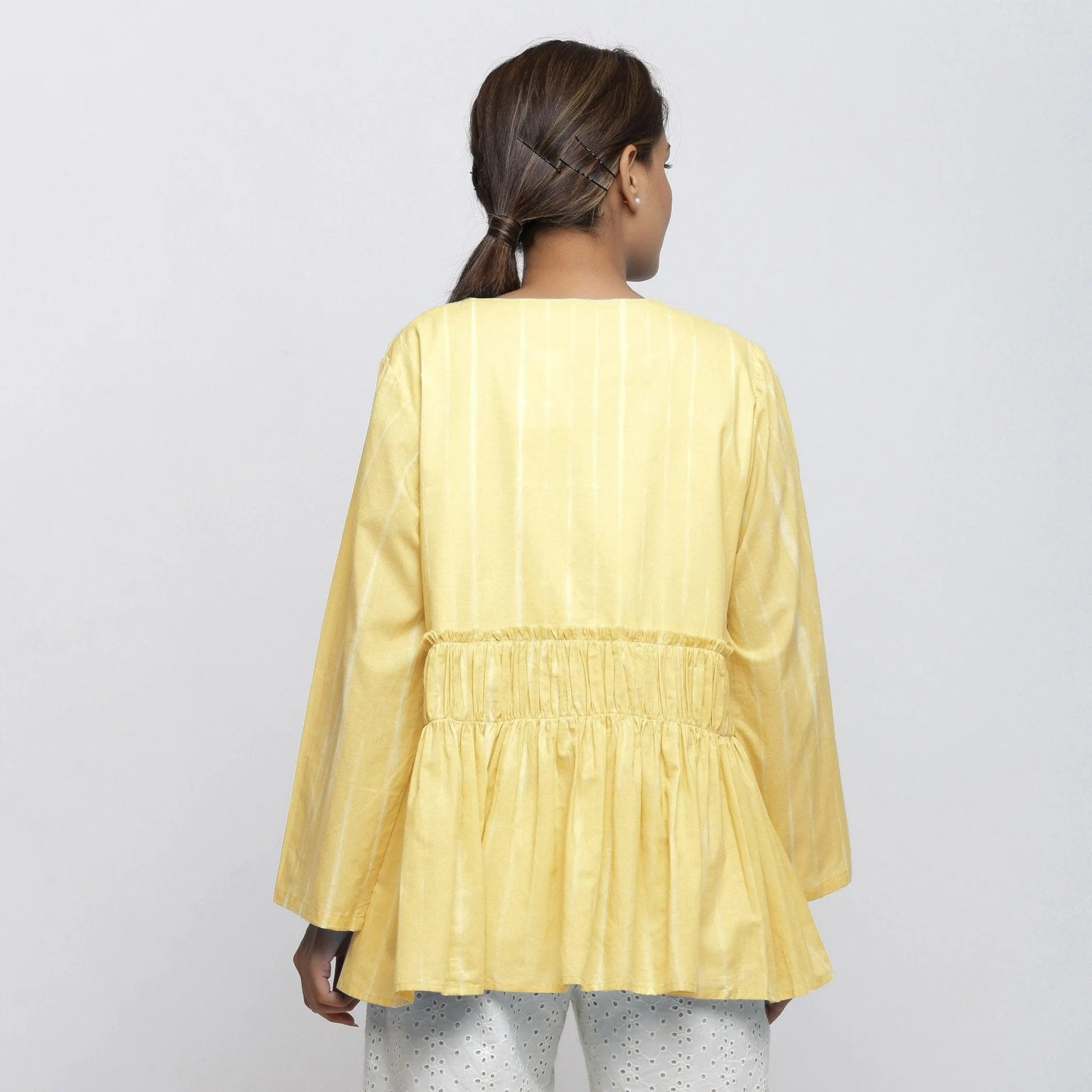 Light Yellow Hand Tie-Dye Cotton Asymmetrical Outerwear