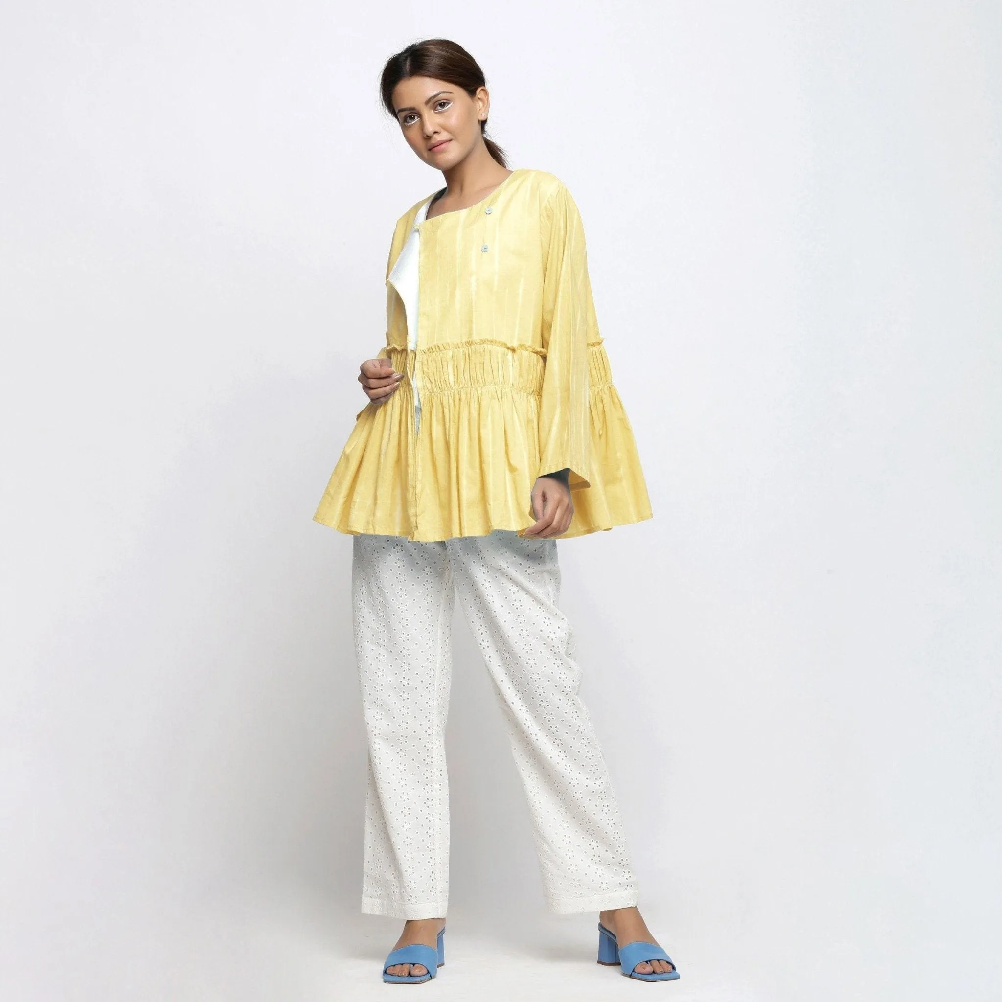 Light Yellow Hand Tie-Dye Cotton Asymmetrical Outerwear