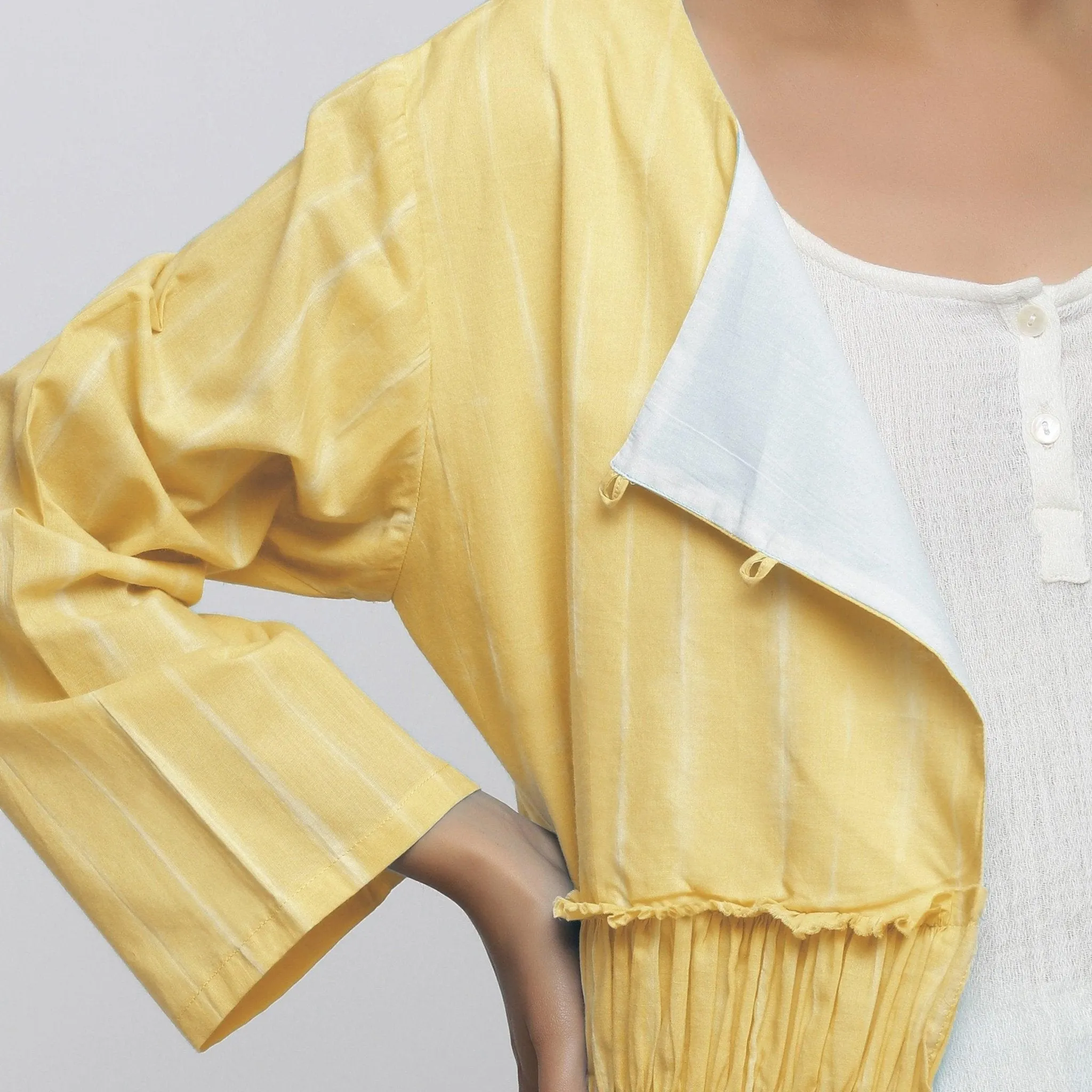 Light Yellow Hand Tie-Dye Cotton Asymmetrical Outerwear