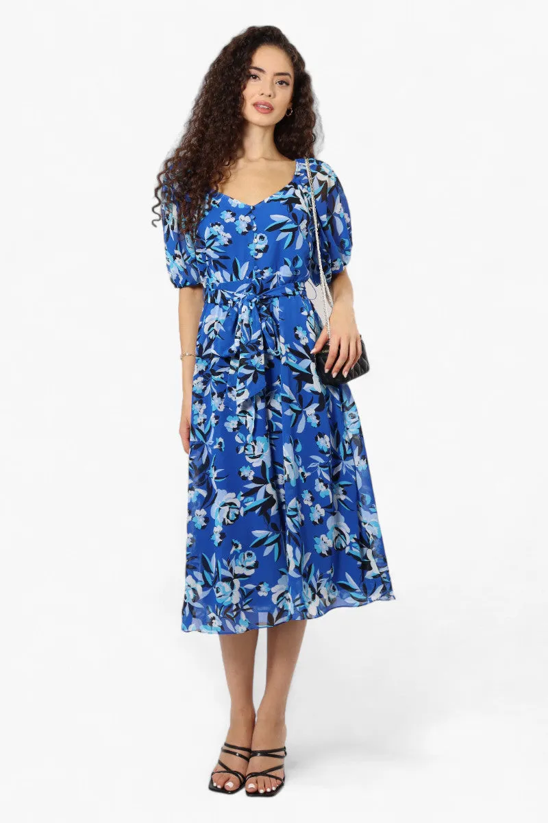 Limite Patterned Belted Puff Sleeve Maxi Dress - Blue