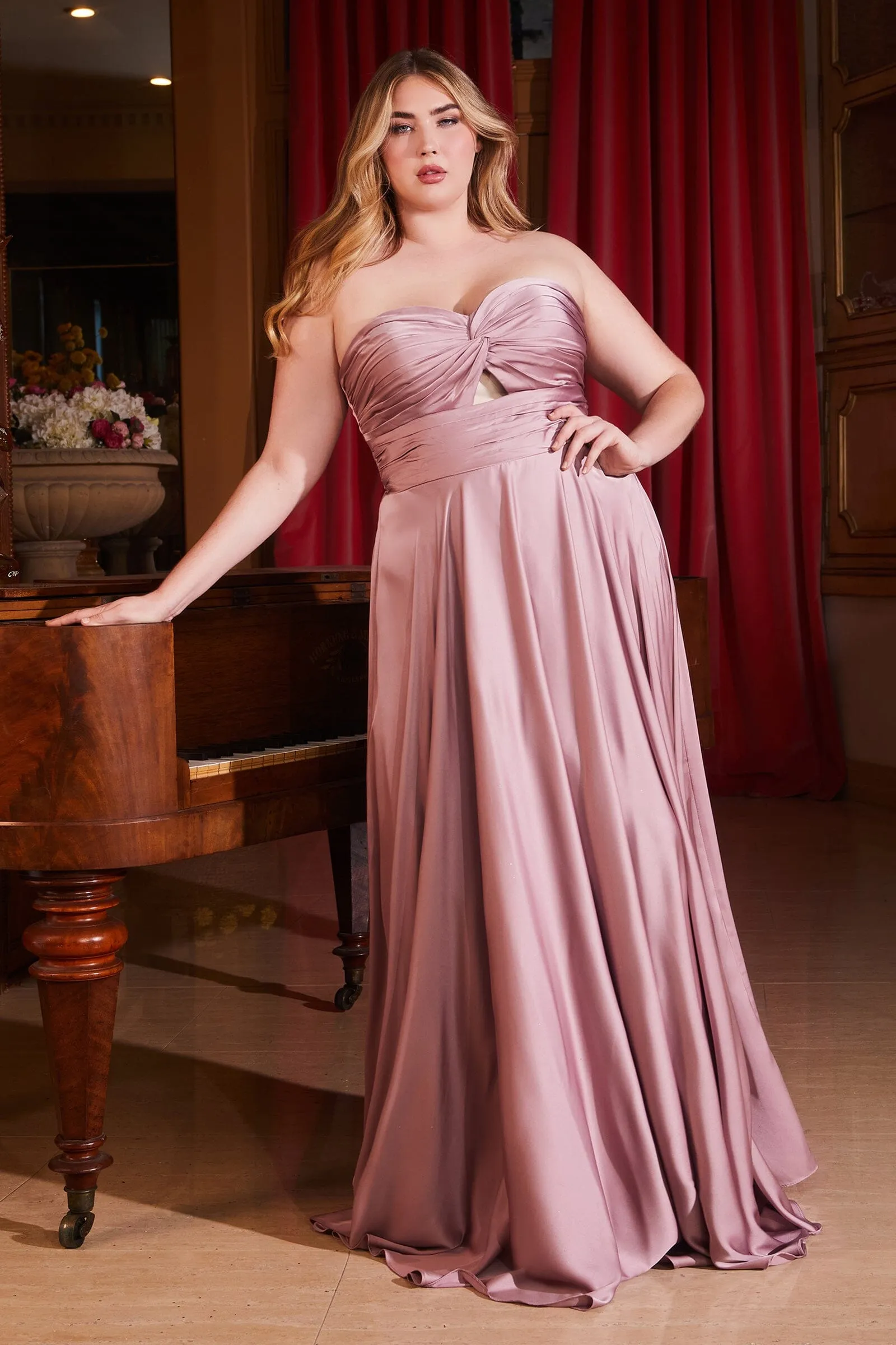 Long Satin Strapless Keyhole Dress by Ladivine 7496