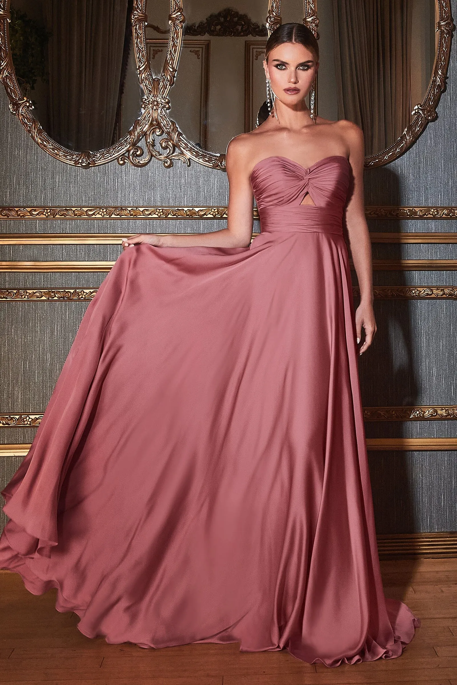 Long Satin Strapless Keyhole Dress by Ladivine 7496