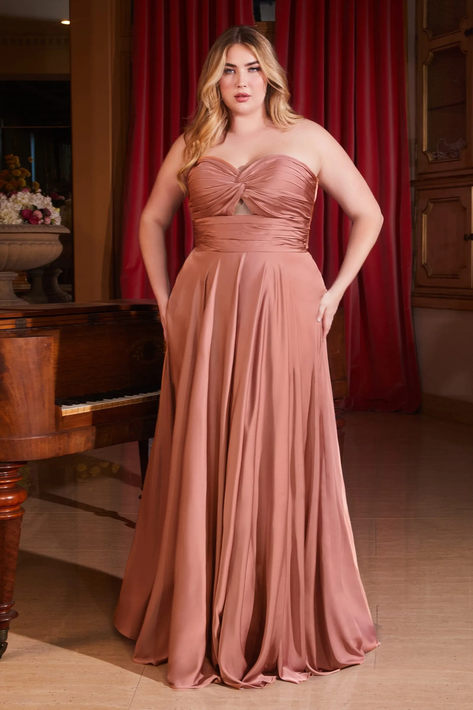 Long Satin Strapless Keyhole Dress by Ladivine 7496