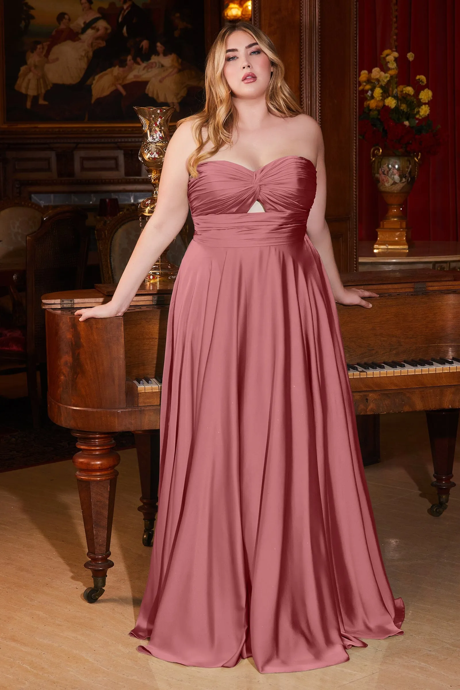 Long Satin Strapless Keyhole Dress by Ladivine 7496