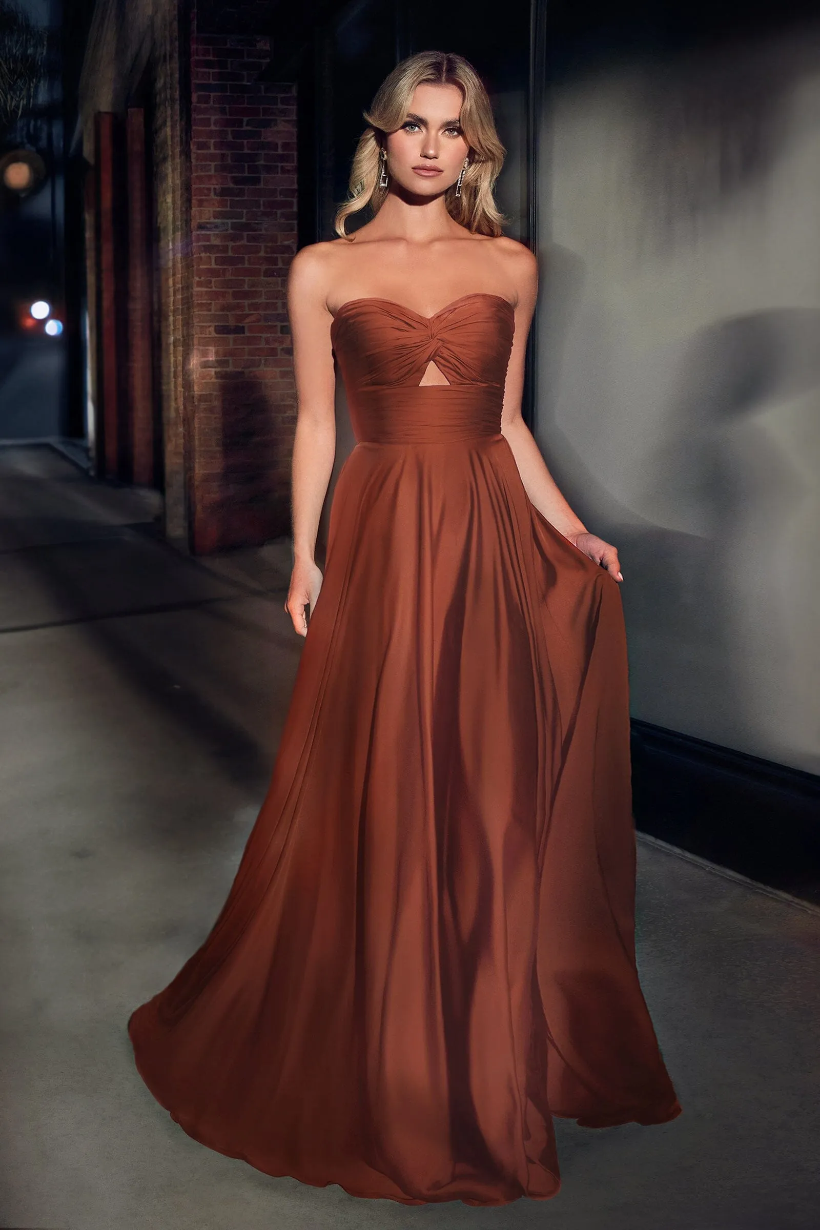 Long Satin Strapless Keyhole Dress by Ladivine 7496