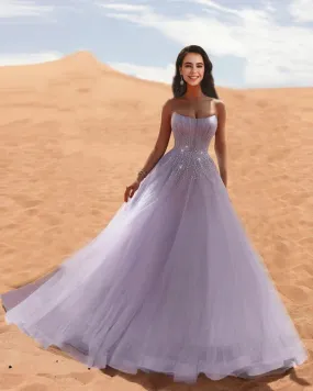 Long Tulle Strapless Dress With Sparkles A-Line Princess Prom Dresses