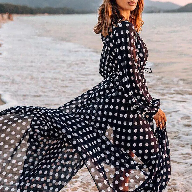 Loose Chiffon Polka Dots Cardigan Beach Cover-up Vacation Bikini Cover-up Sun Protection Shirt Women