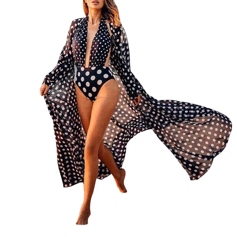 Loose Chiffon Polka Dots Cardigan Beach Cover-up Vacation Bikini Cover-up Sun Protection Shirt Women