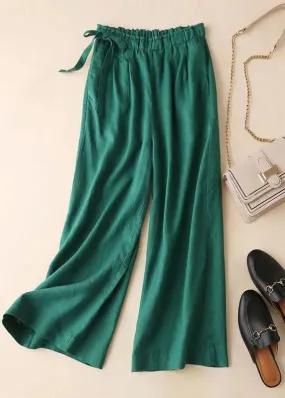 Loose Green Pockets drawstring Linen straight pants Summer