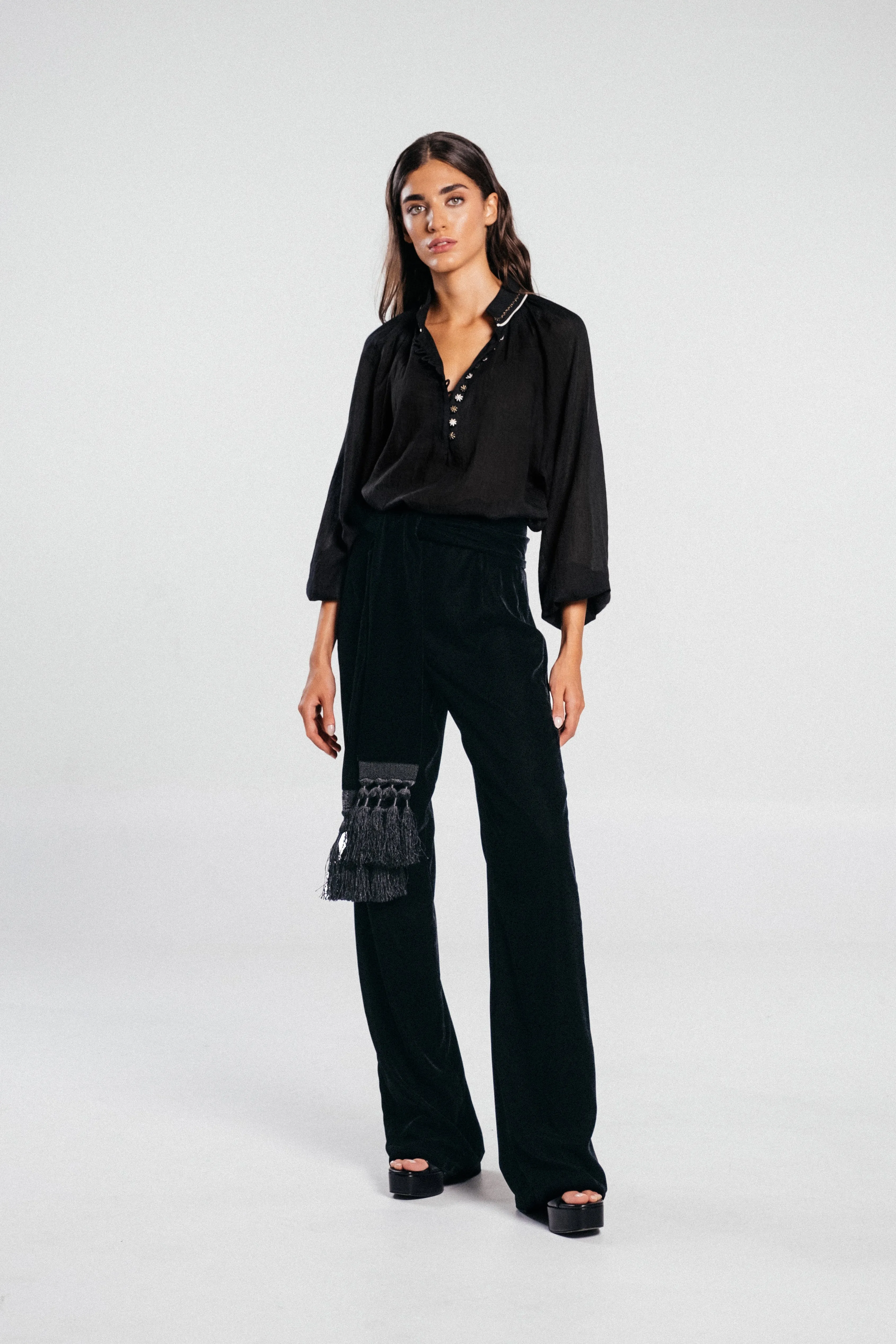 Mahtab Straight Leg Velvet Pants - Black