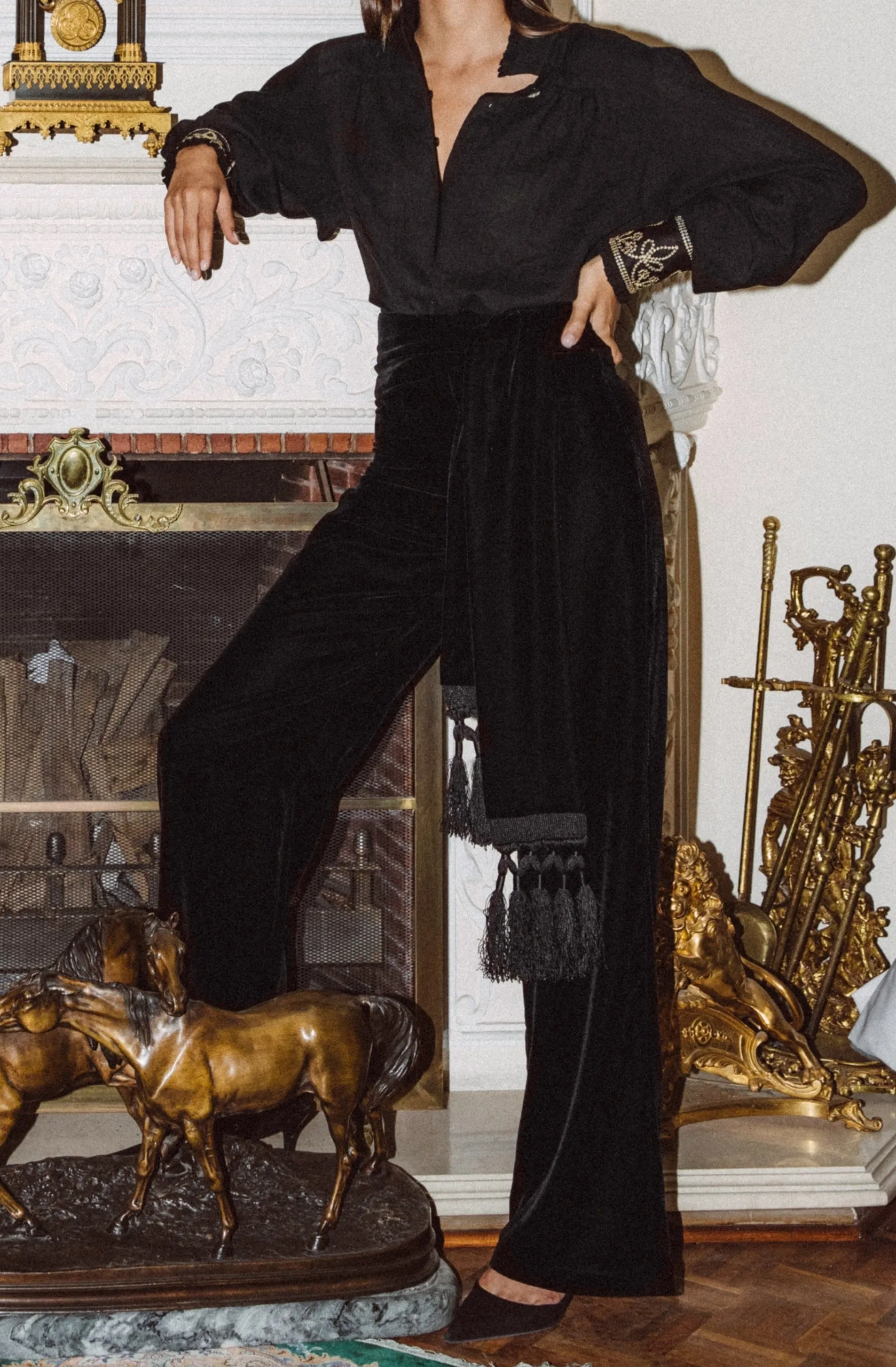 Mahtab Straight Leg Velvet Pants - Black