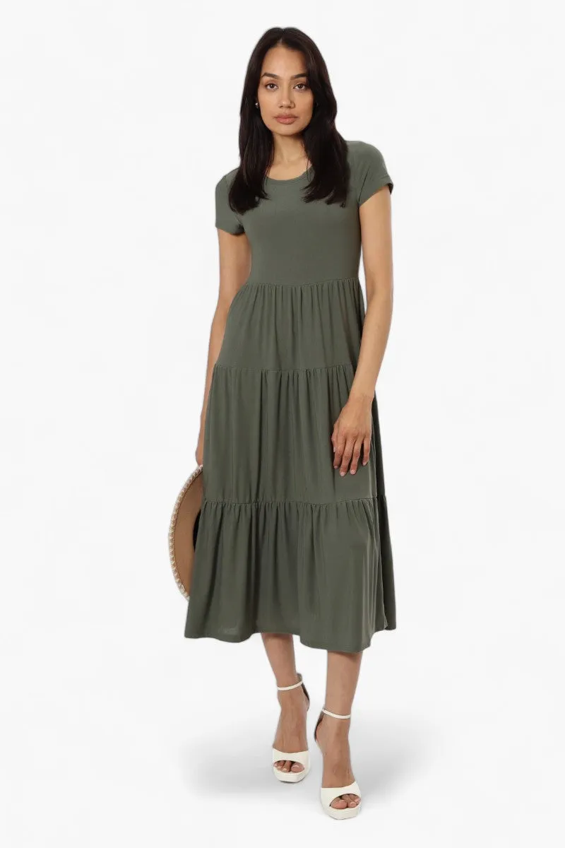 Majora Solid Cap Sleeve Tiered Maxi Dress - Olive