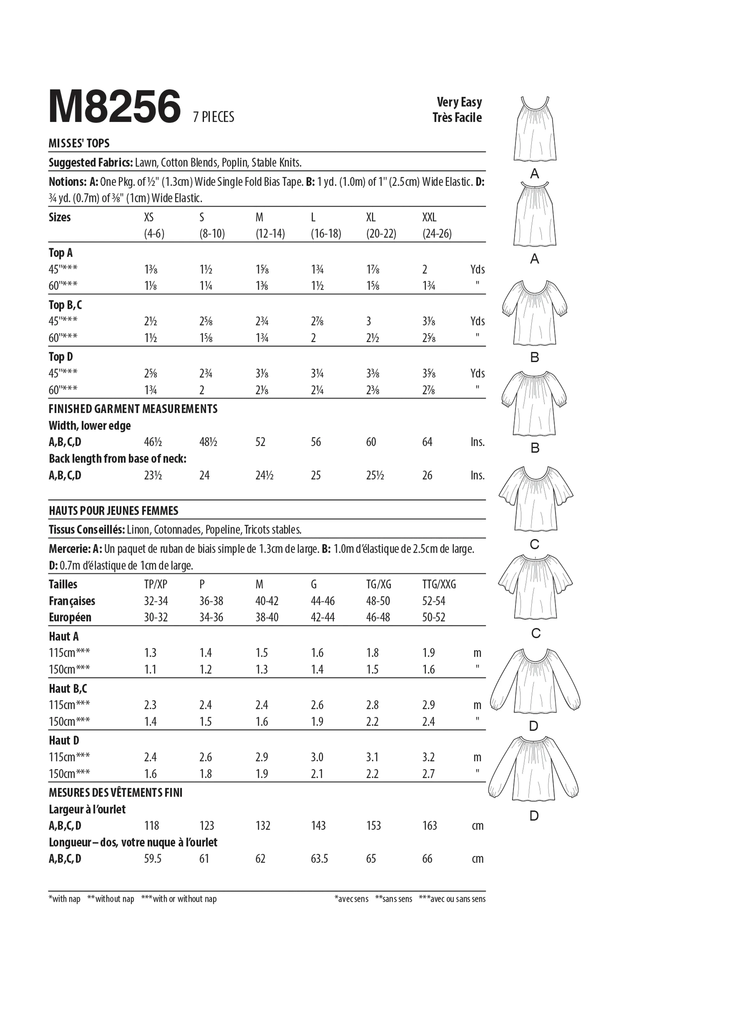 McCall's Sewing Pattern 8256 Misses' Tops