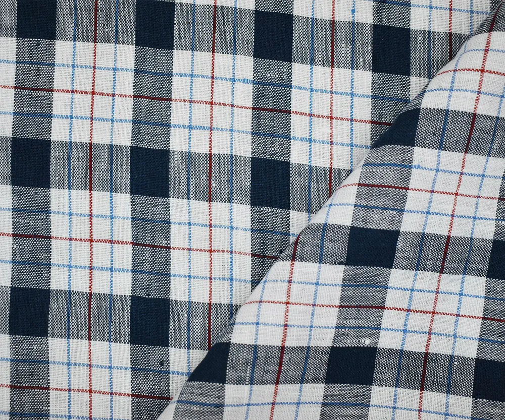 Navy-White-Red Moygashel Washed Plaid Irish Linen Woven Fabric