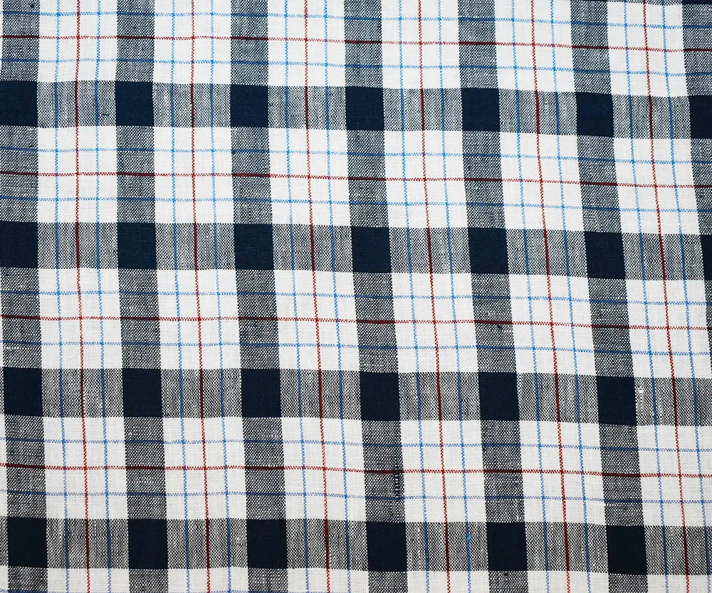 Navy-White-Red Moygashel Washed Plaid Irish Linen Woven Fabric