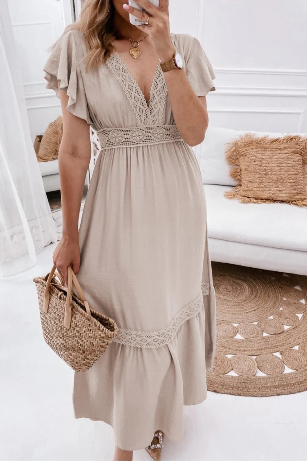 Oatmeal Lace V Neck Ruffled Sleeve Empire Waist Dress