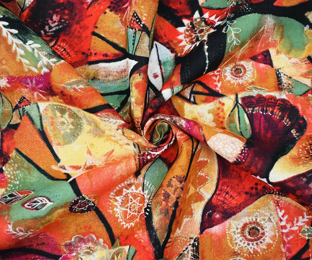 Orange-Green-Multi Abstract Bird Medallion Printed Linen Woven Fabric