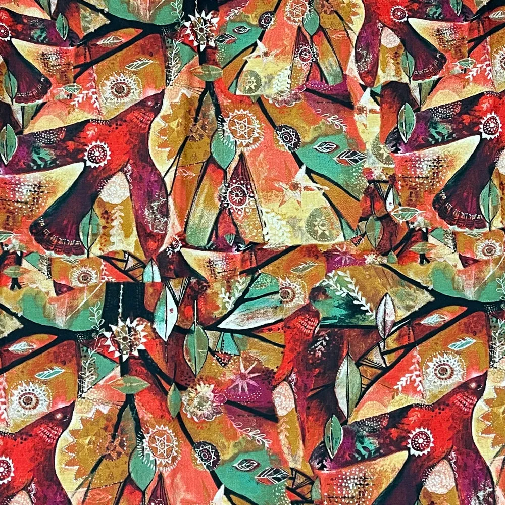 Orange-Green-Multi Abstract Bird Medallion Printed Linen Woven Fabric