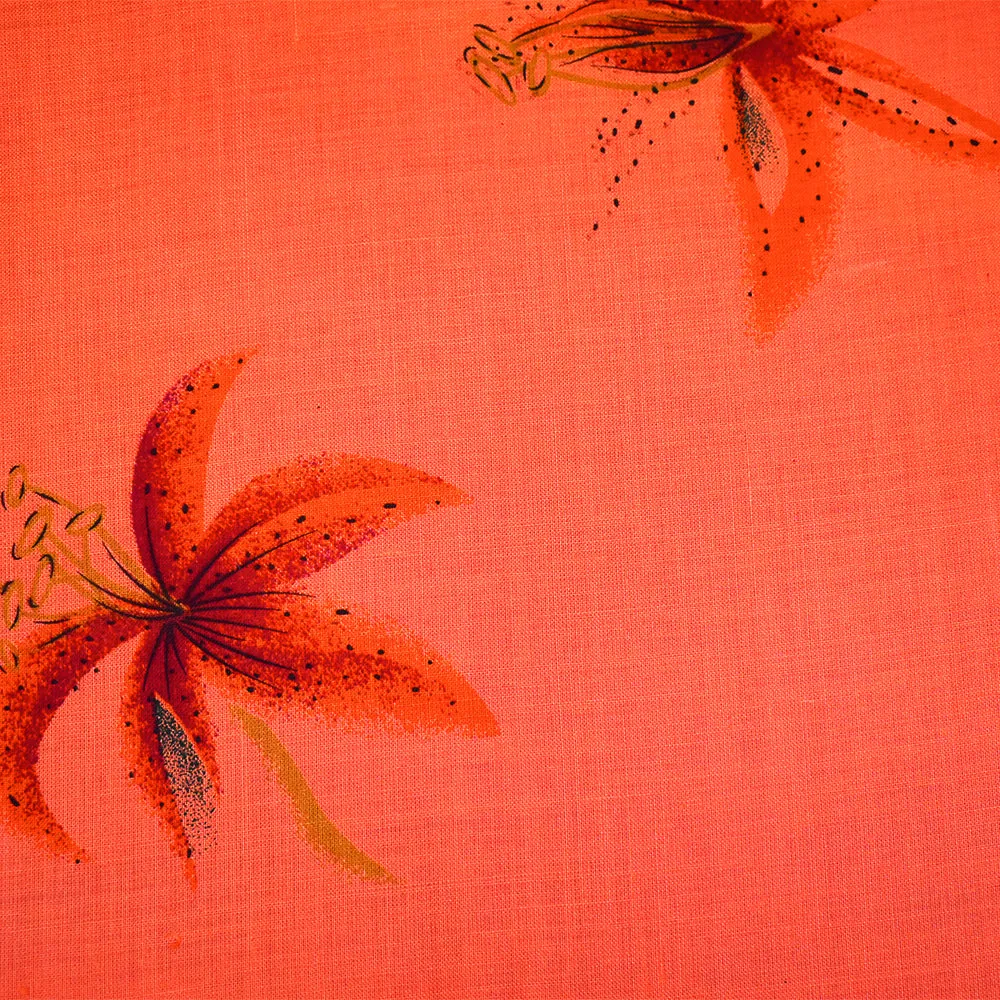 Orange-Green-Multi Floral Lily Printed Linen Woven Fabric