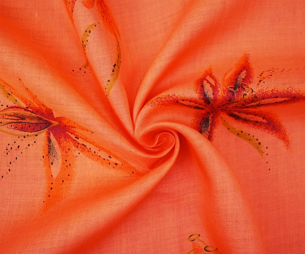 Orange-Green-Multi Floral Lily Printed Linen Woven Fabric