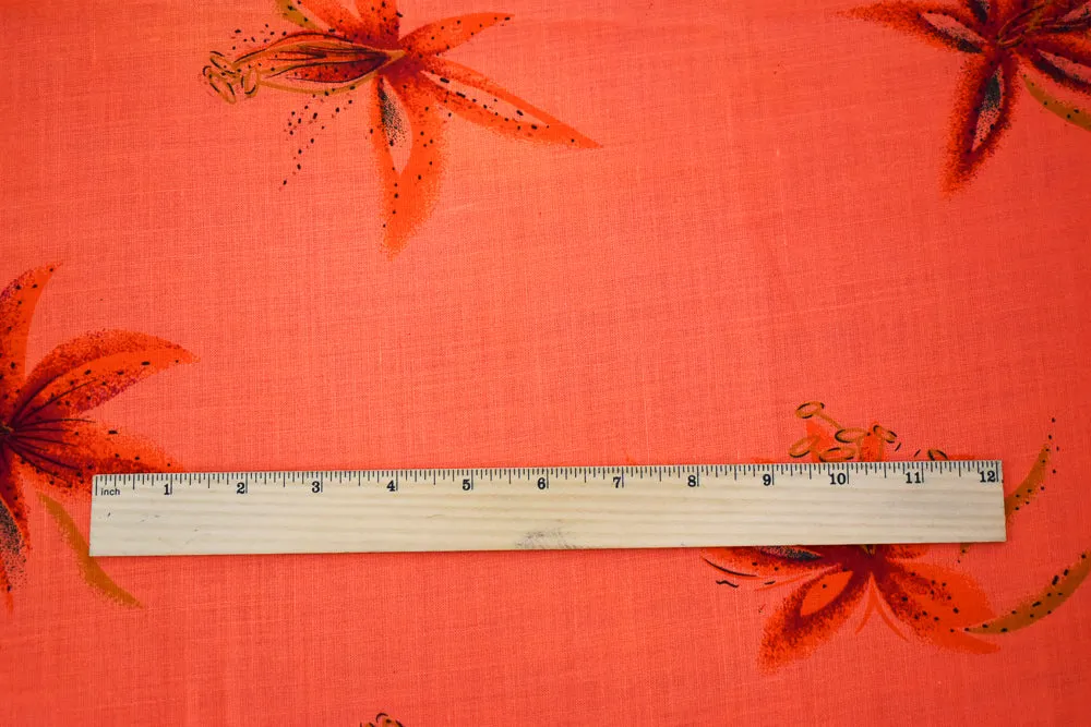 Orange-Green-Multi Floral Lily Printed Linen Woven Fabric