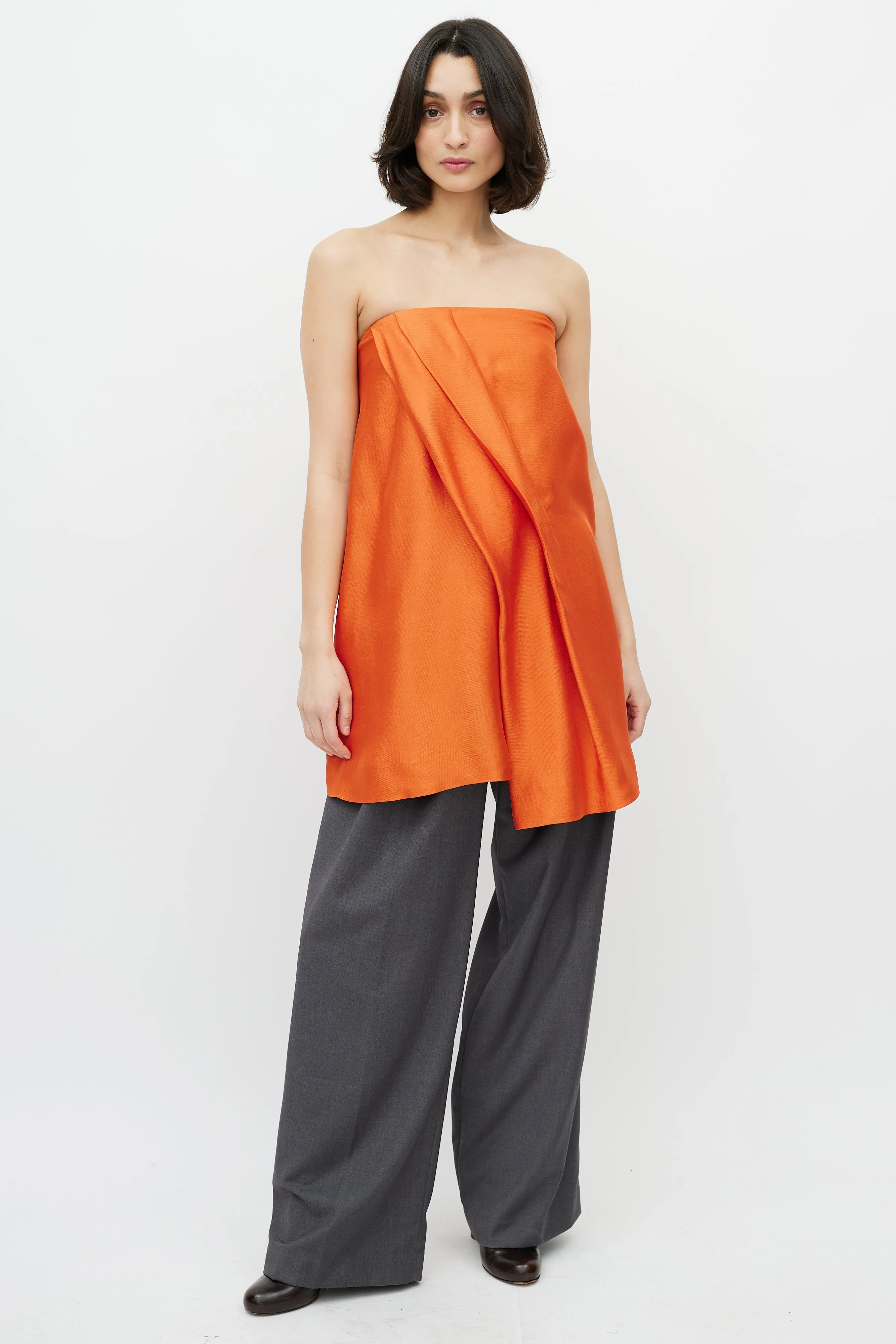 Orange Pleated Strapless Top