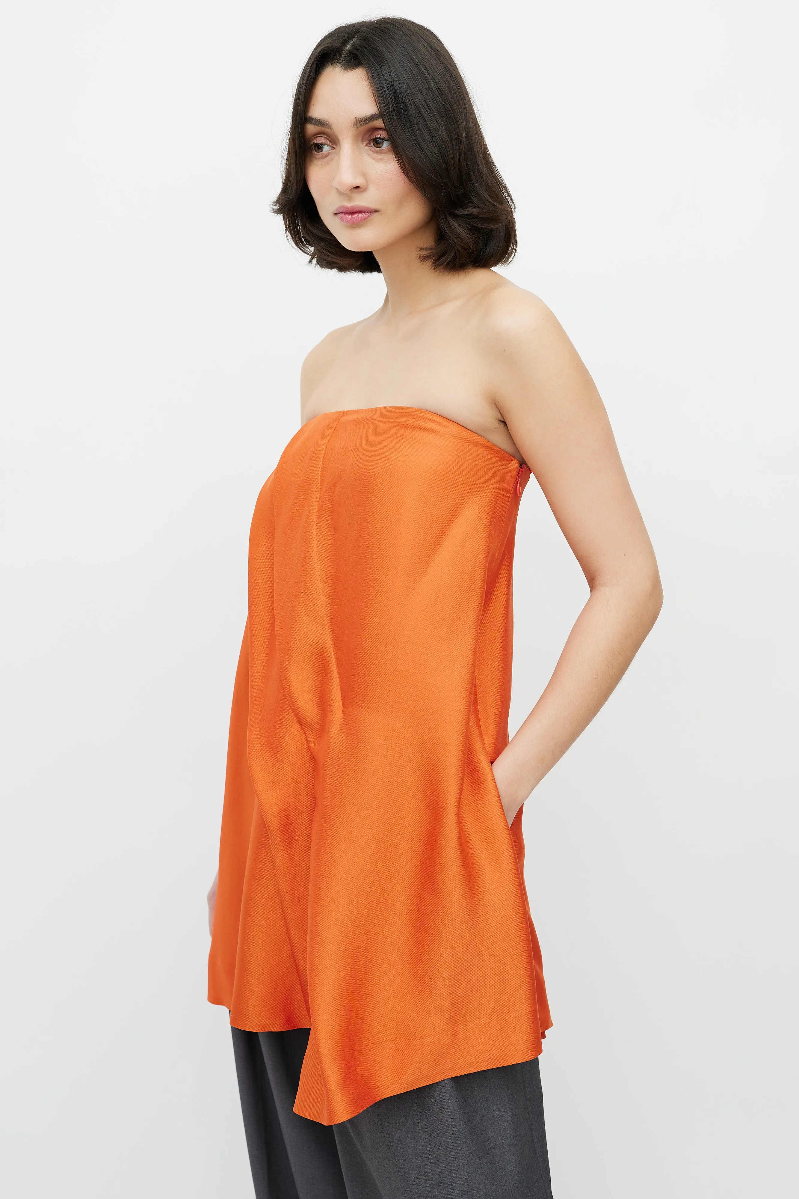 Orange Pleated Strapless Top