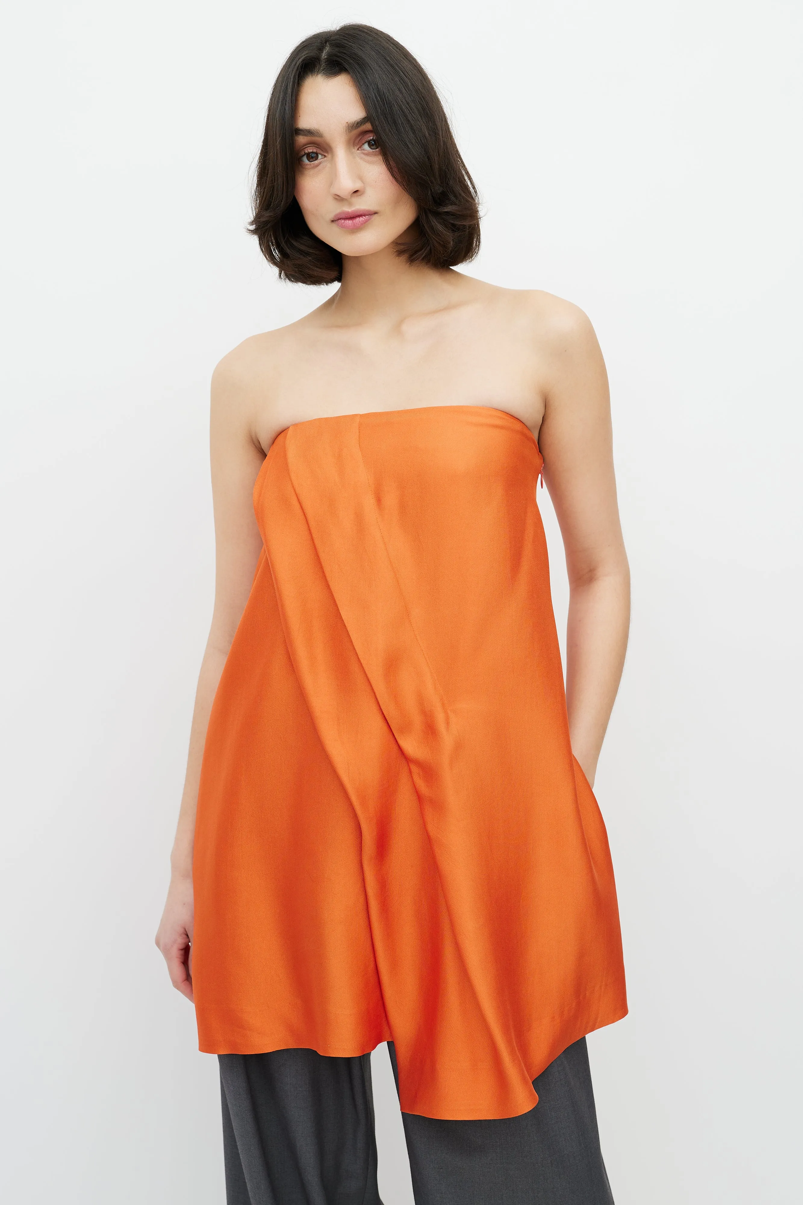 Orange Pleated Strapless Top