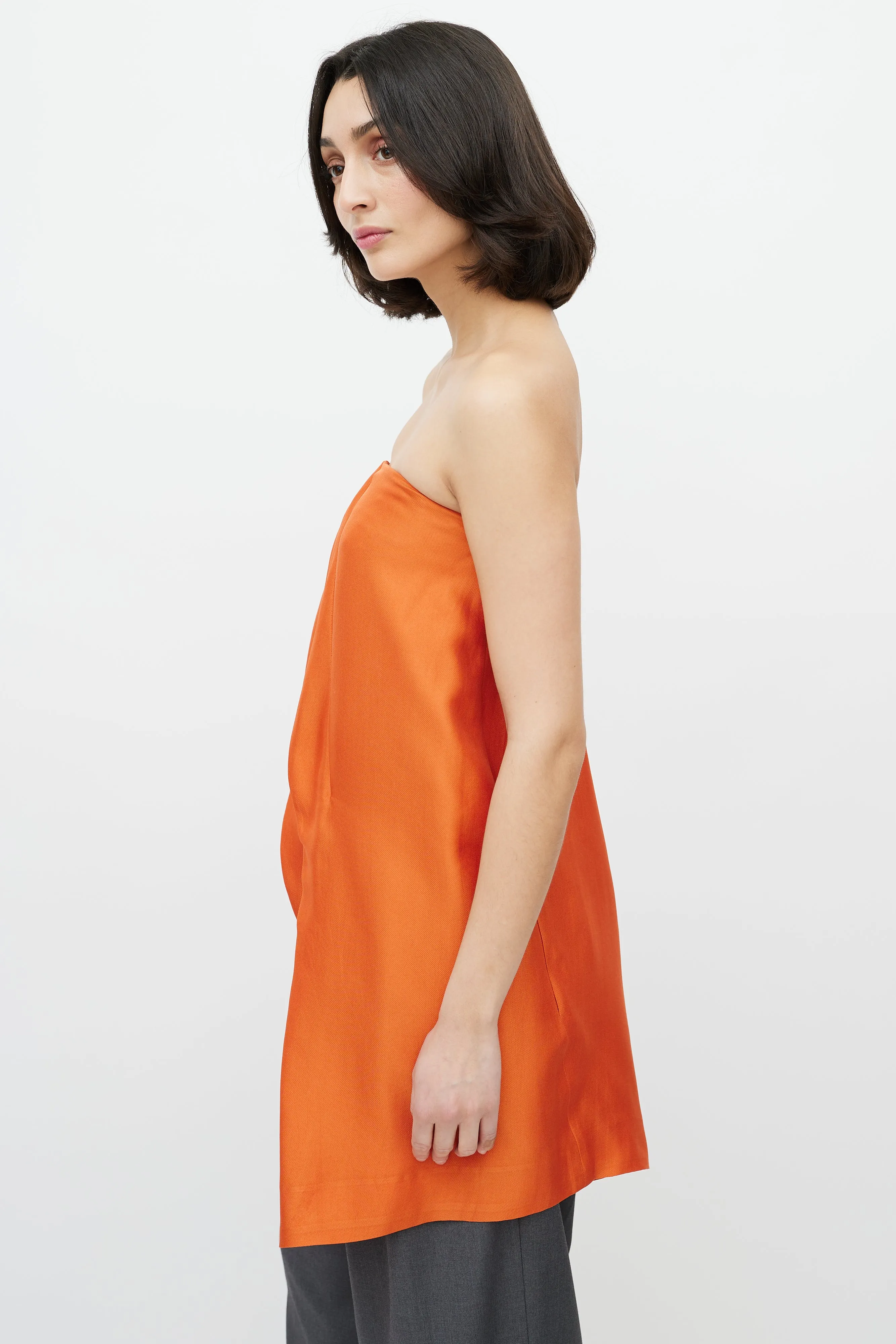 Orange Pleated Strapless Top