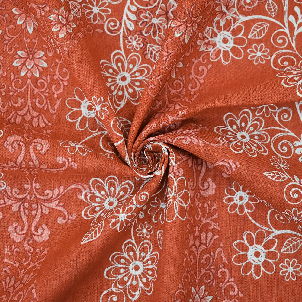 Orange-White-Multi Floral Baroque Printed Linen Woven Fabric