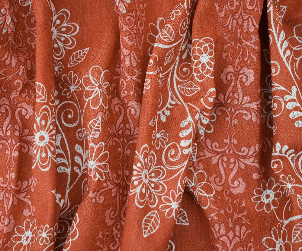 Orange-White-Multi Floral Baroque Printed Linen Woven Fabric