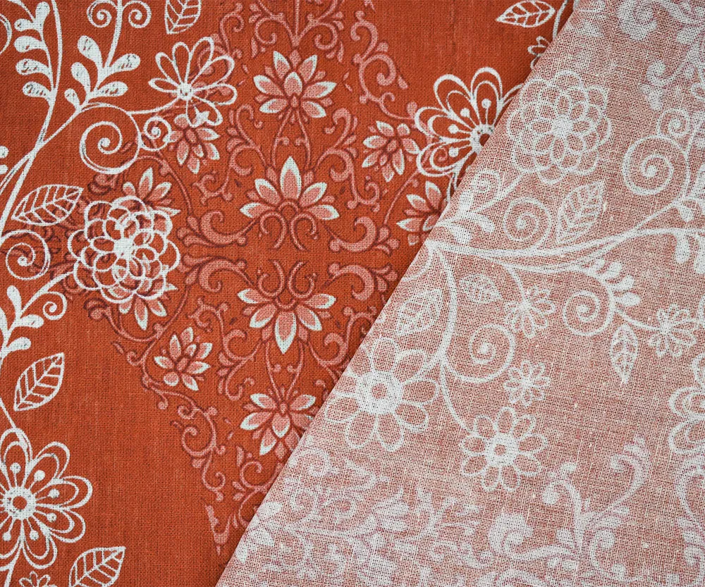 Orange-White-Multi Floral Baroque Printed Linen Woven Fabric