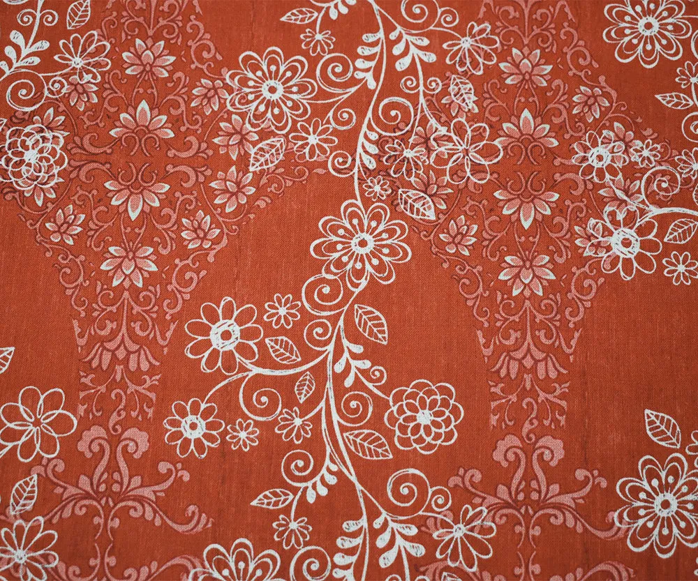 Orange-White-Multi Floral Baroque Printed Linen Woven Fabric