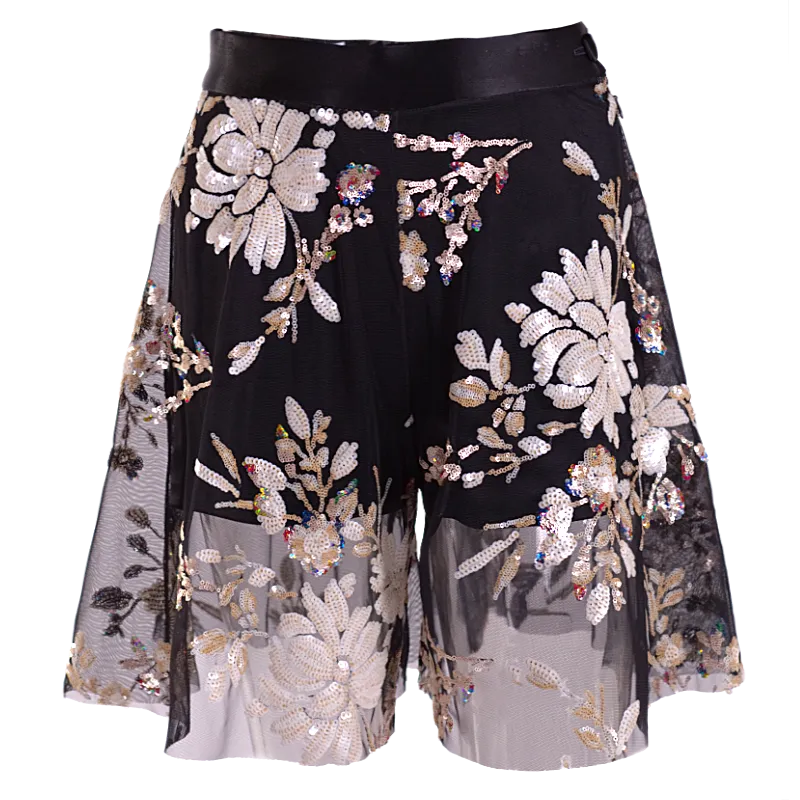 Palazzo shorts on dark mesh, embroidered sequins