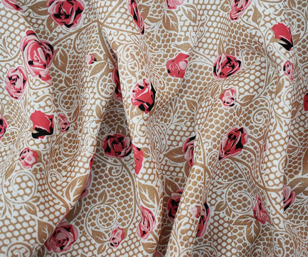 Pink-Beige-Multi Floral Mesh Pattern Printed Linen Woven Fabric