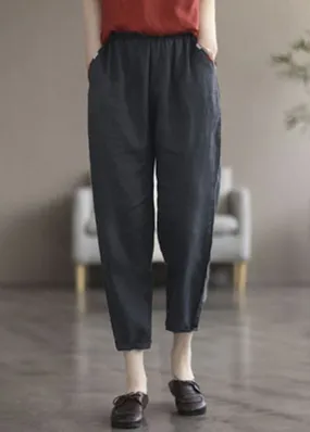 Plus Size Black Solid Pockets Linen Crop Pants Summer