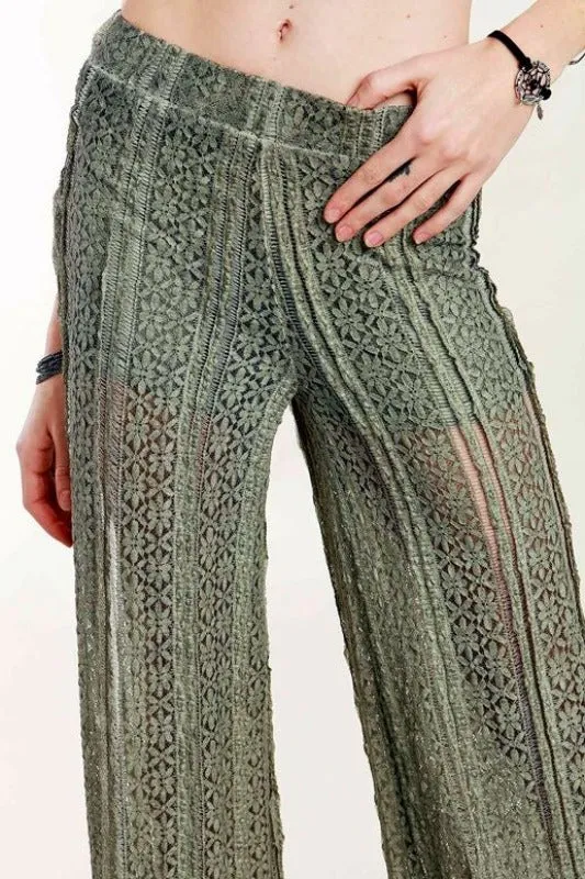 POL Vintage Boho Flower Lace Pants - Olive