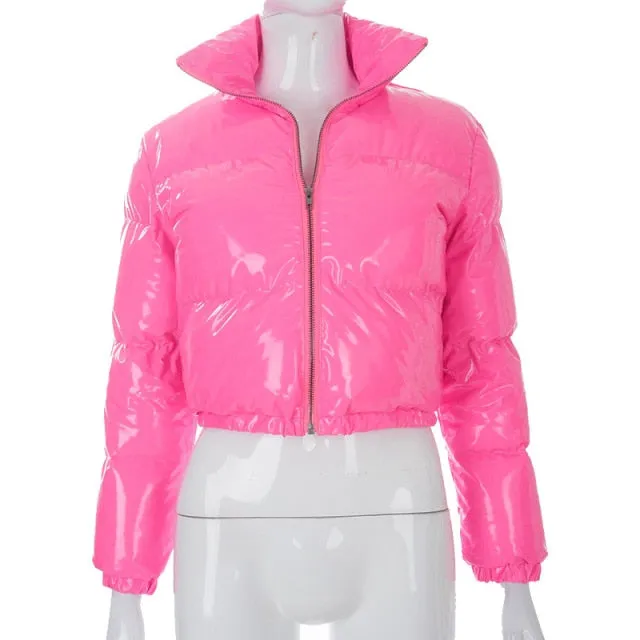 PU Leather Bubble Puffer Winter Warm Jacket